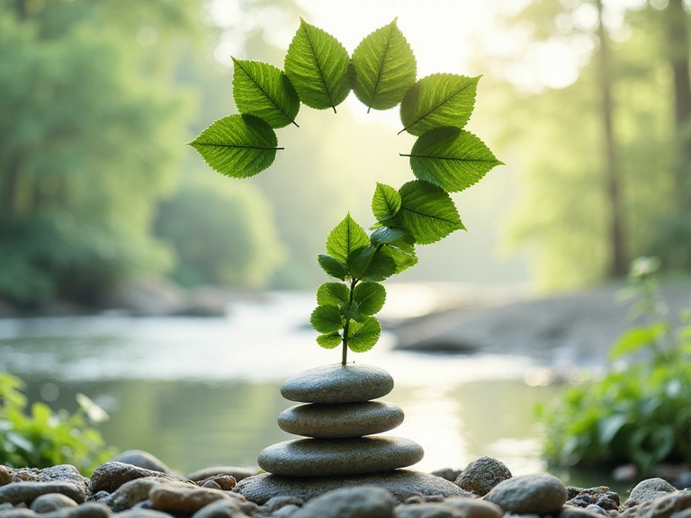 Imagine cu un semn de întrebare stilizat, realizat din elemente naturale precum frunze sau pietre, sau o scenă calmă și meditativă, inspirând reflecție.