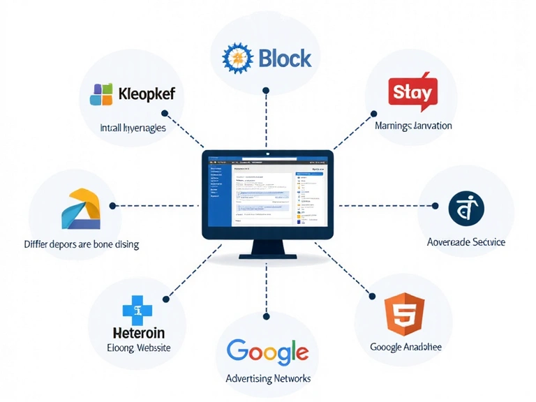 Ilustrație cu un ecosistem digital, indicând conexiuni între site-uri și servicii terțe