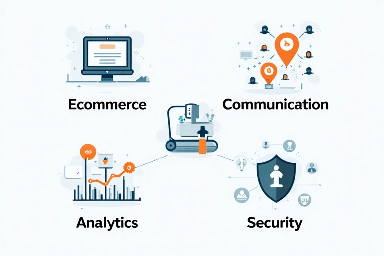 Ilustrație cu diverse scopuri de utilizare a datelor, reprezentate prin icoane pentru comerț electronic, comunicare, analiză și securitate