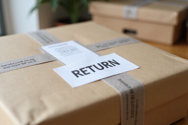 A package being returned with a clear 'RETURN' label, emphasizing a smooth and easy return process for customers.